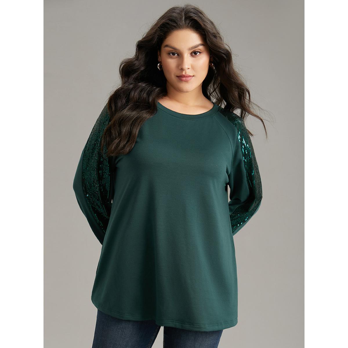 Plus Size Solid Sequin Patchwork Raglan Sleeve Sweatshirt Women DarkGreen Elegant Elastic cuffs Round Neck Dailywear Sweatshirts BloomChic 12/L Product Image