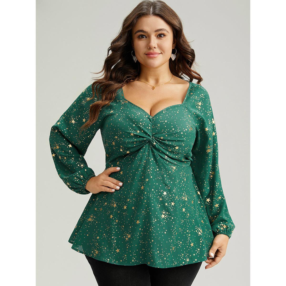 Plus Size DarkGreen Star Glitter Square Neck Twist Front Blouse Women Glamour Long Sleeve Square Neck Festival-Christmas Blouses BloomChic 14-16/1X Product Image