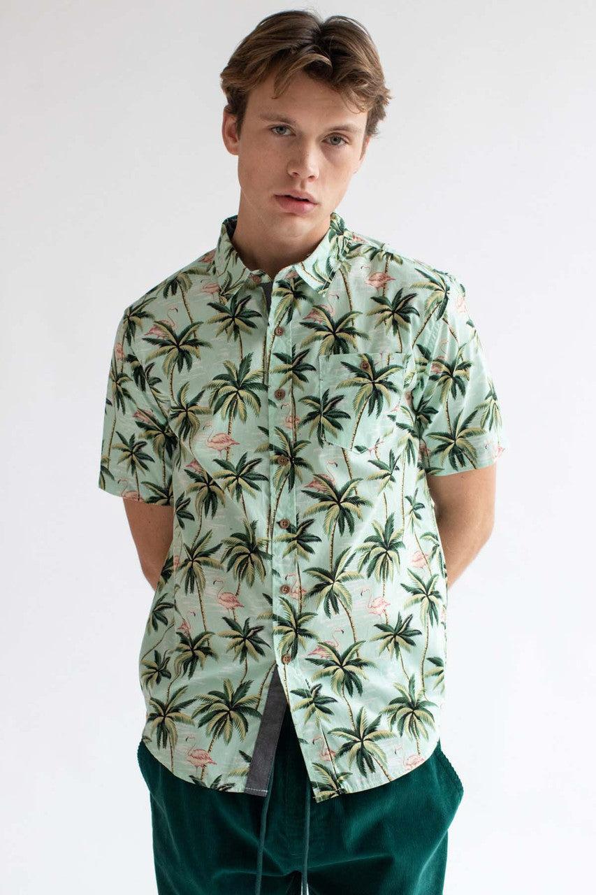 Mint Flamingo In The Palms Hawaiian Button Up Shirt Product Image