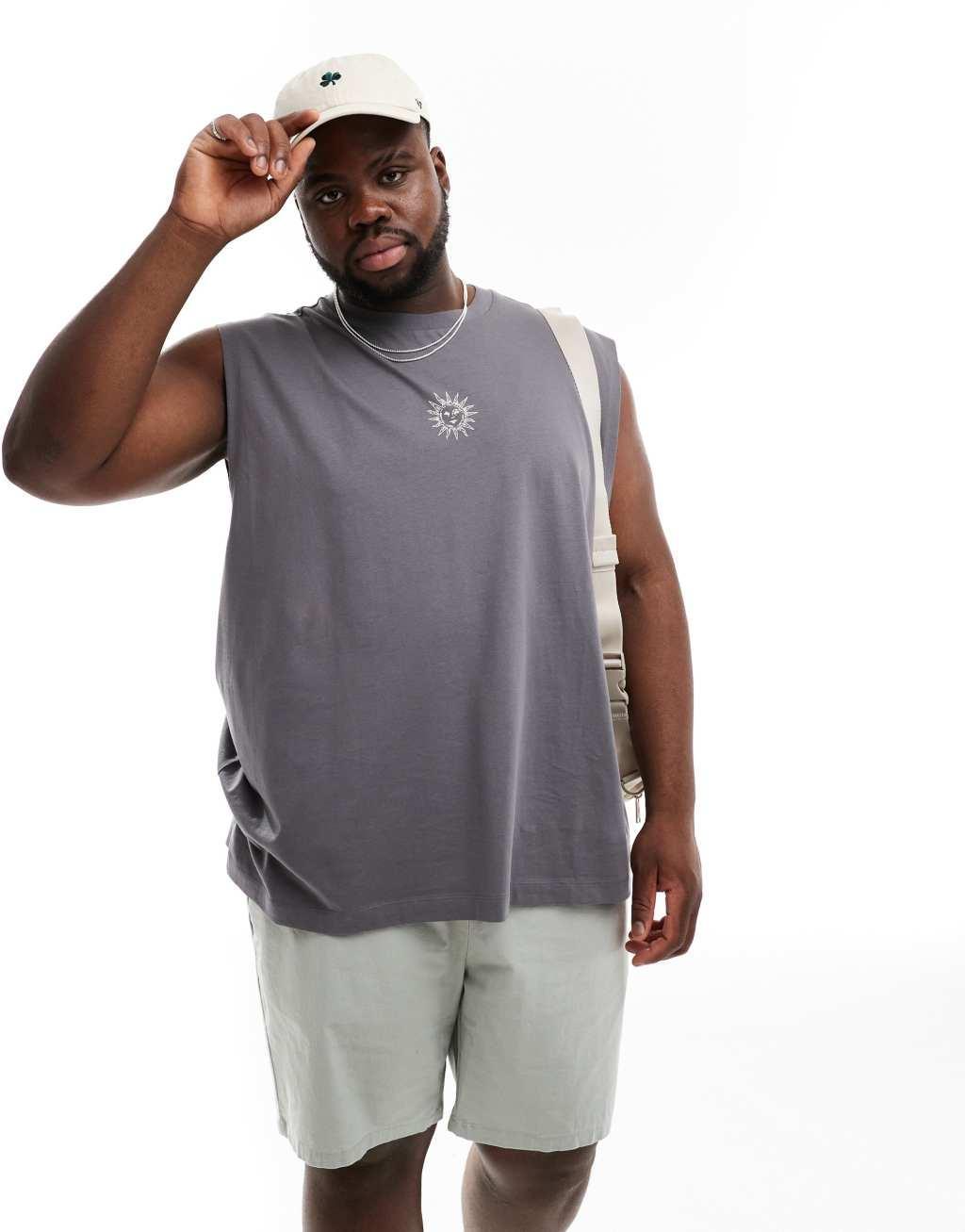 ASOS DESIGN oversized tank top in dark gray with celestial chest and back print Product Image