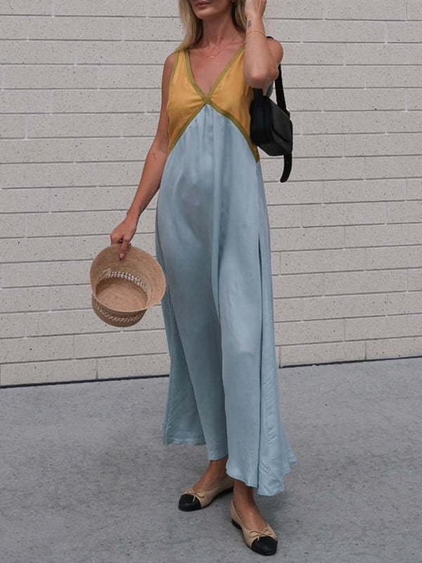 Loose Sleeveless Contrast Color Split-Joint Deep V-Neck Maxi Dresses Product Image