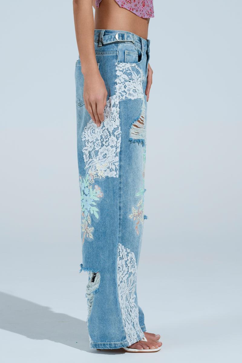 PICKING PEDALS FLORAL AND LACE DETAIL DENIM PANTS Product Image