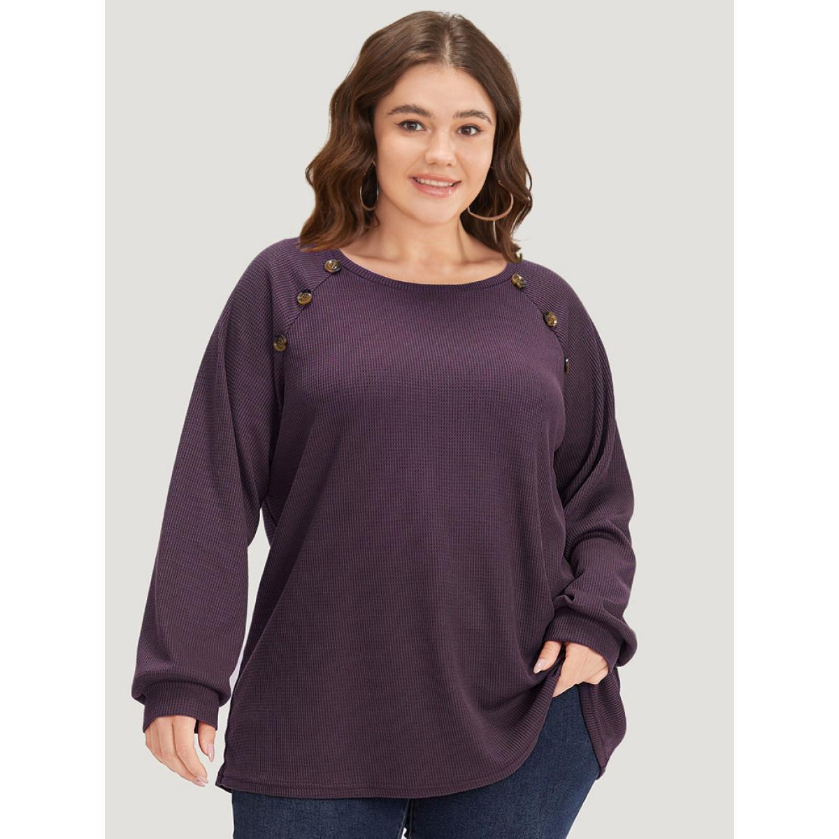 Plus Size Plain Waffle Knit Button Detail Crew Neck Raglan Sleeve T-shirt Purple Women Casual Elastic cuffs Plain Round Neck Dailywear T-shirts BloomChic 28/5X Product Image