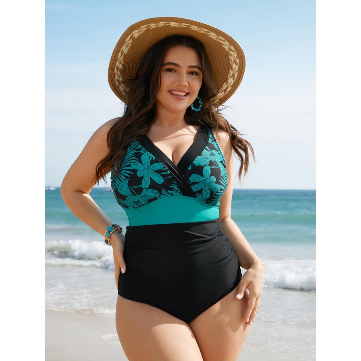Plus Size Floral Contrast Cross Front One Piece Swimsuit Women's Swimwear Black Beach Gathered Curve Bathing Suits High stretch One Pieces BloomChic 22-24/3X Product Image