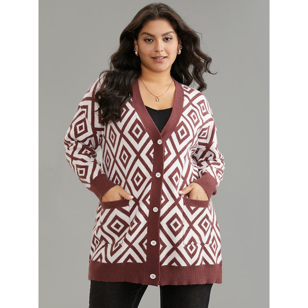 Plus Size Supersoft Essentials Geometric Button Through Cardigan Maroon Women Casual Loose Long Sleeve Dailywear Cardigans BloomChic 30/6X Product Image