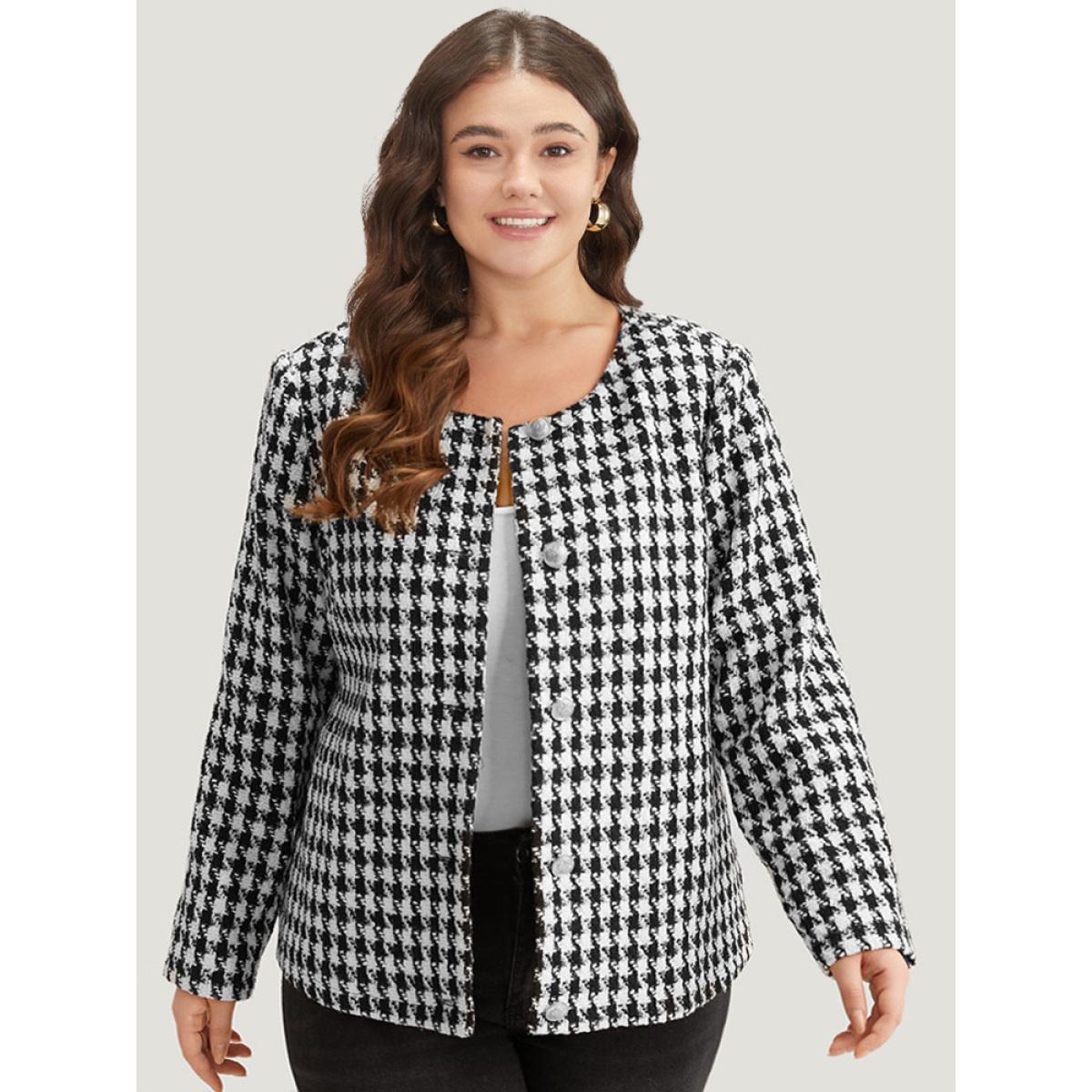 Plus Size Houndstooth Button Through Blazer Women Black Casual Texture Ladies Dailywear Winter Coats BloomChic 22-24/3X Product Image