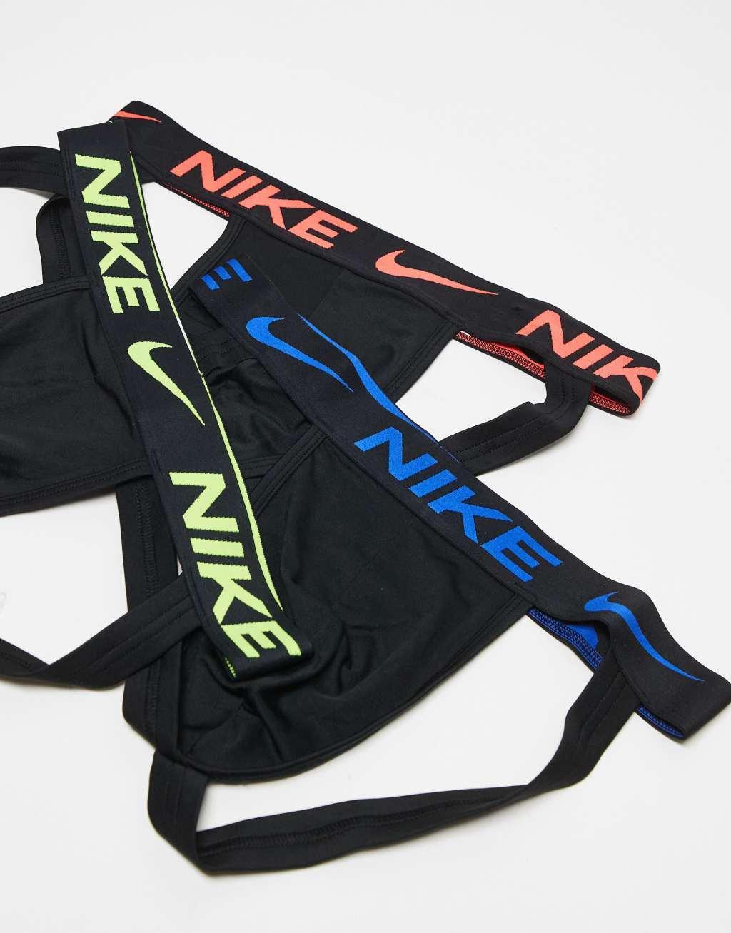 Nike Essential Micro 3 pack Jockstraps in black with colored waistband  Product Image