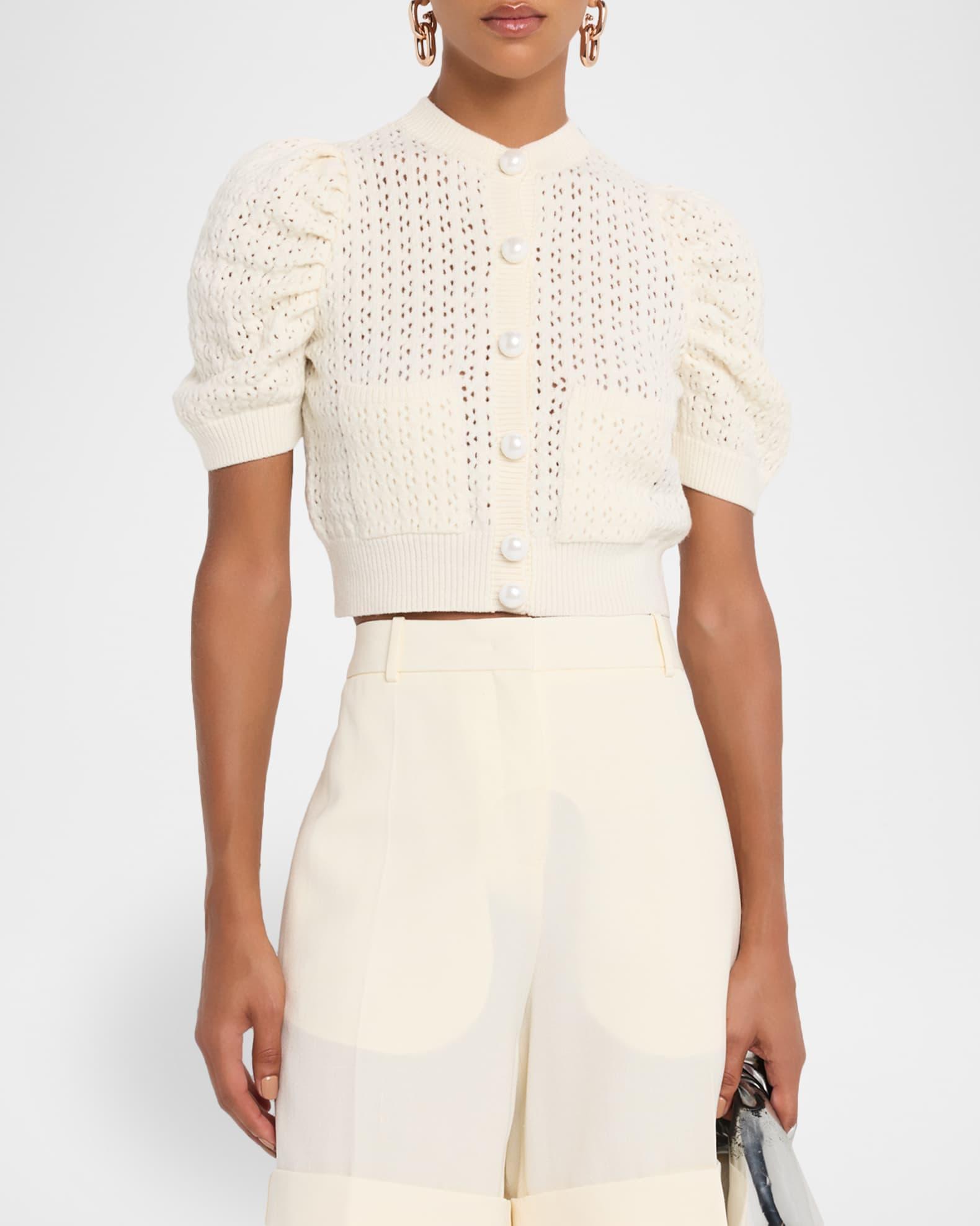 Pointelle Knit Puff-Sleeve Crop Cardigan Product Image