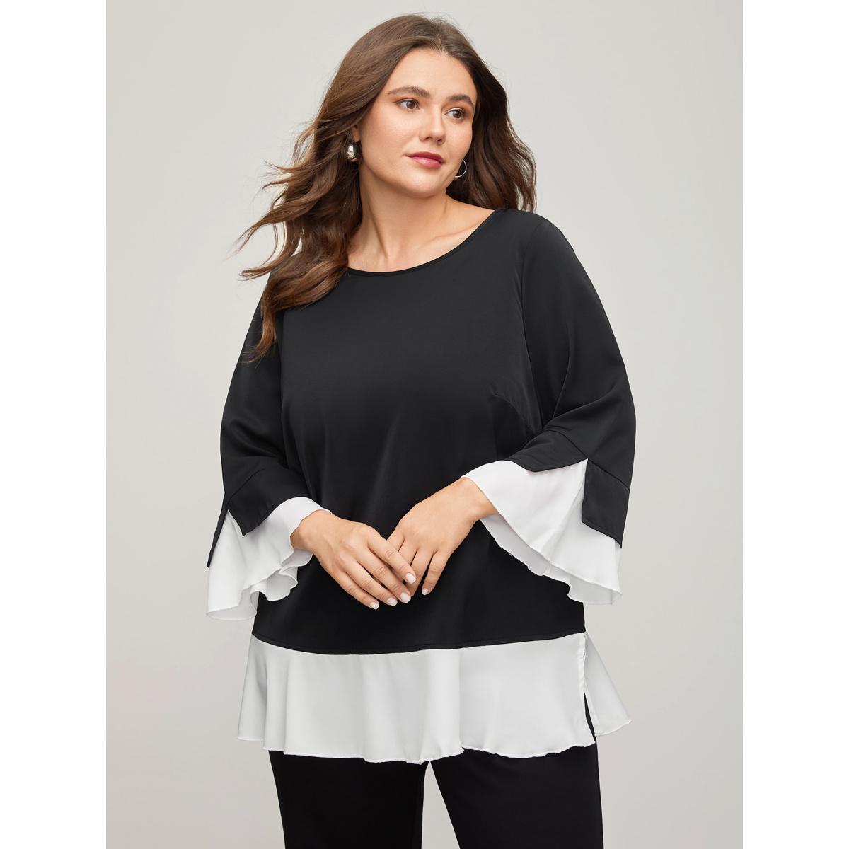 Plus Size Black Contrast Patchwork Bell Sleeve Blouse Women Elegant Elbow-length sleeve Round Neck Everyday Blouses BloomChic 30/6X Product Image