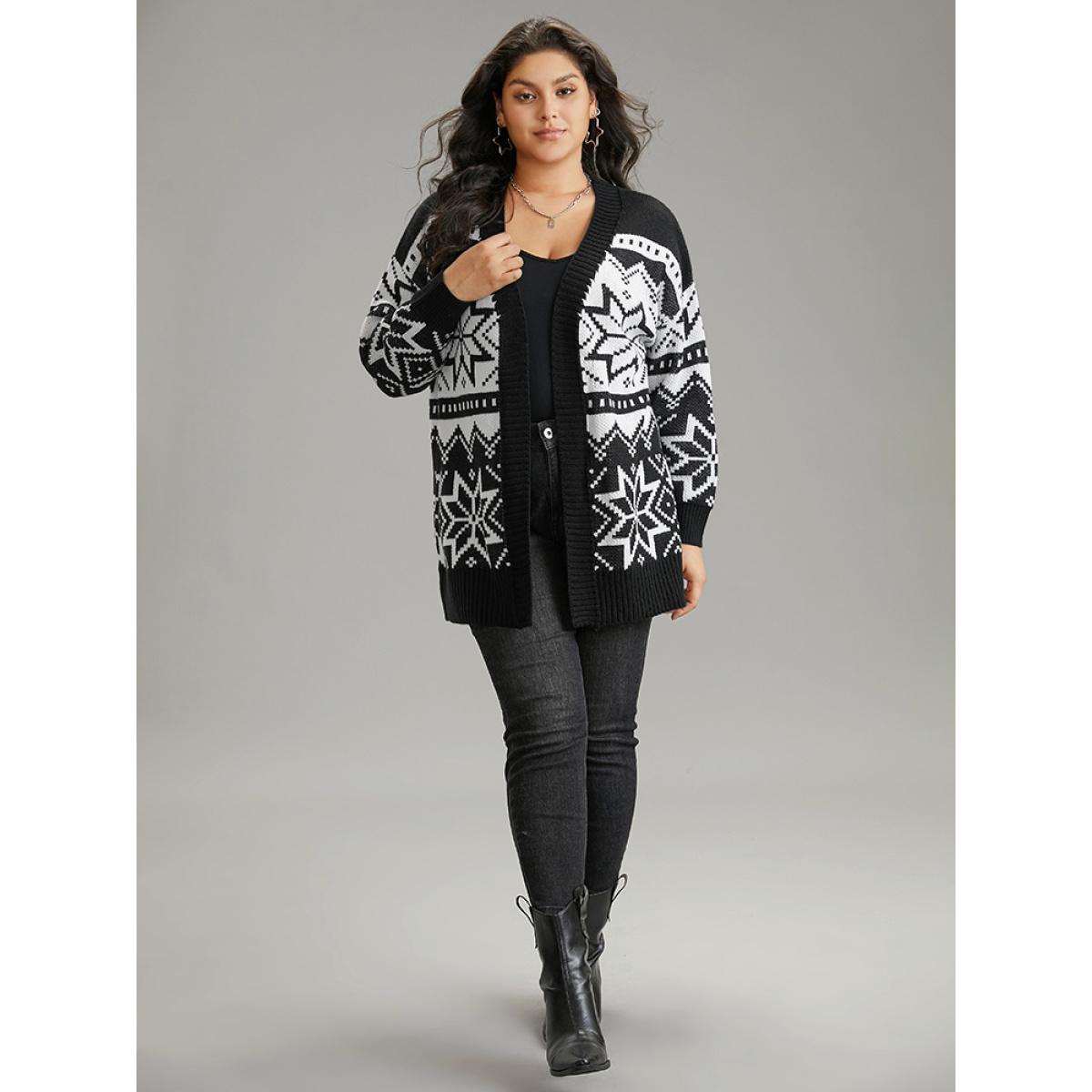 Plus Size Boho Print Open Front Jacquard Cardigan Black Women Casual Loose Long Sleeve Everyday Cardigans BloomChic 18-20/2X Product Image