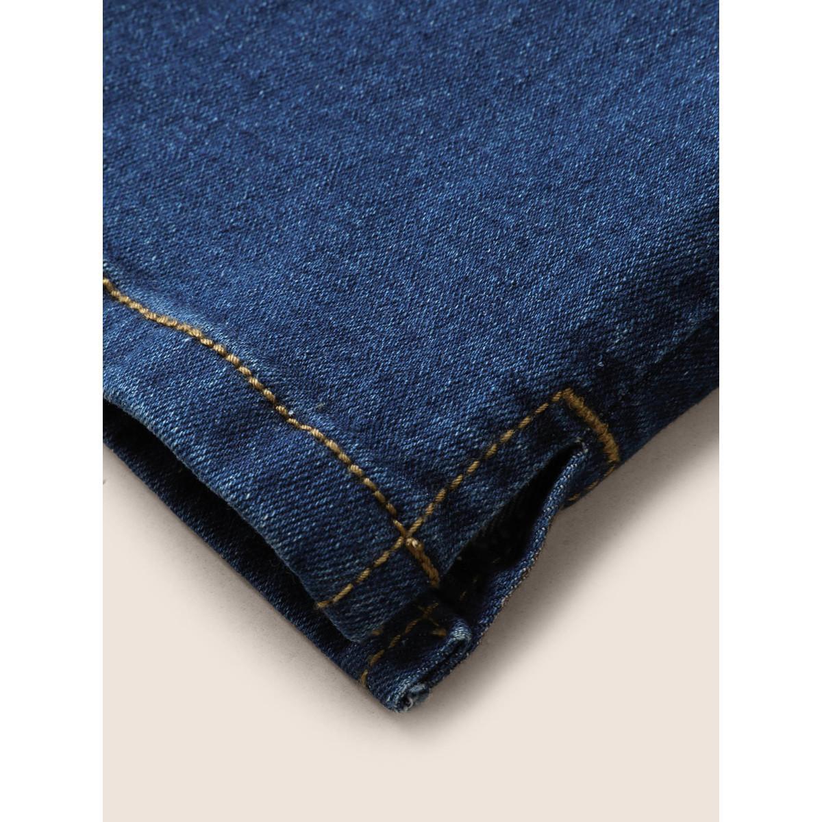 Plus Size Dark Wash Elastic Waist Split Side Jeans Women Blue Casual Slit High stretch Slanted pocket Jeans BloomChic 14/1X Product Image