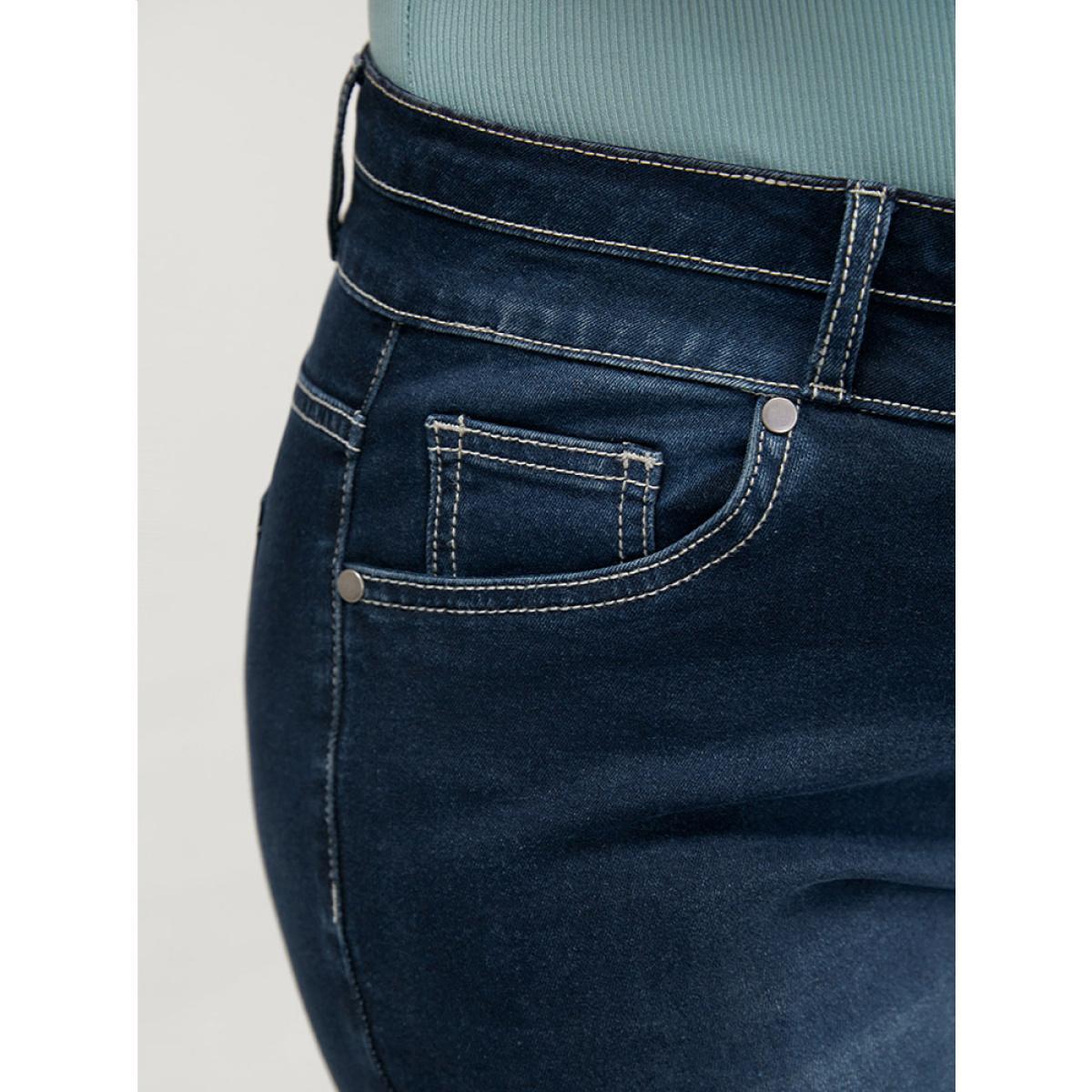 Plus Size Very Stretchy High Rise Dark Wash Contrast Stitching Jeans Women DarkBlue Casual Plain High stretch Pocket Jeans BloomChic 20/2X Product Image