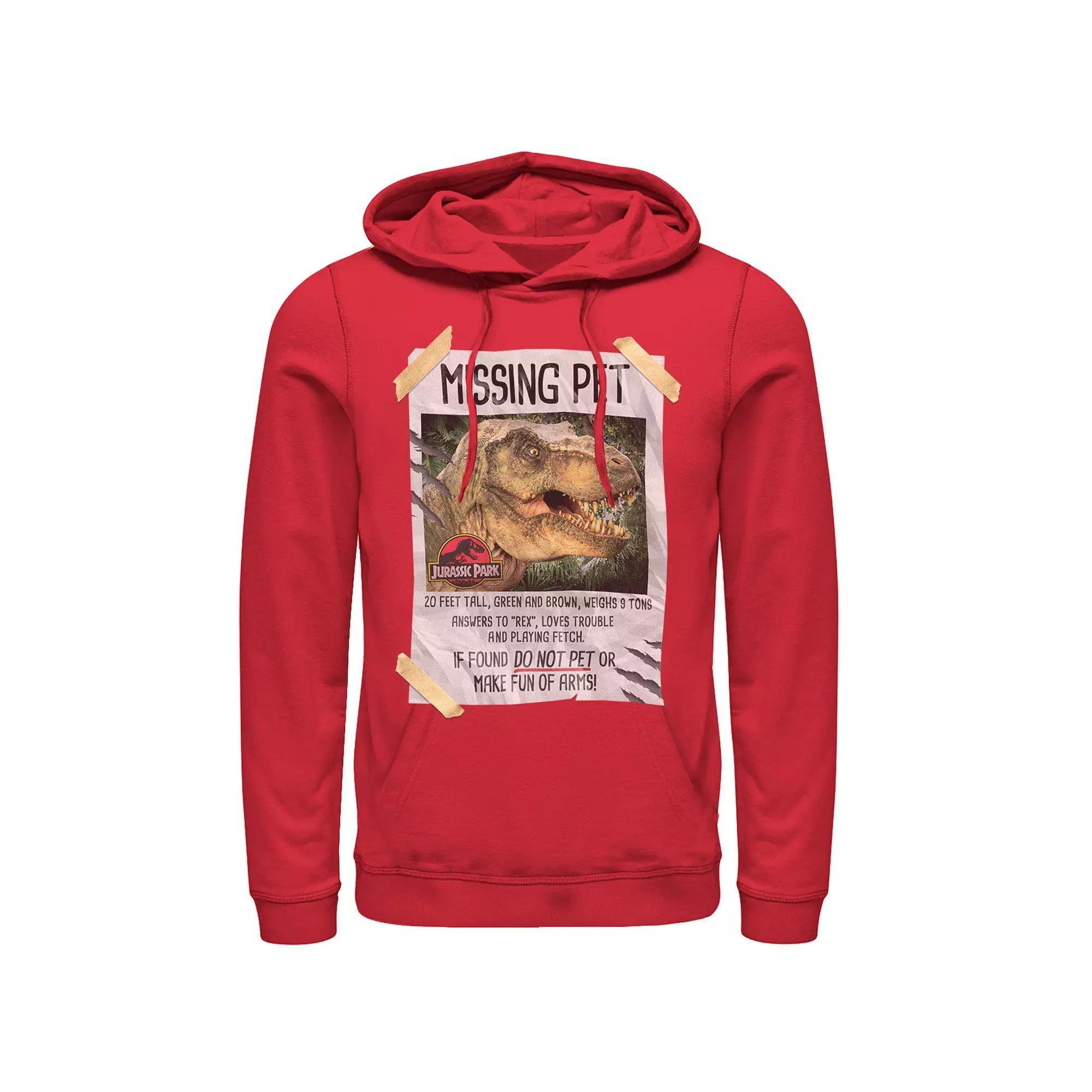 Men's Jurassic Park Missing Pet T-Rex Poster Taped Pullover Hoodie, Size: XL, Red Product Image