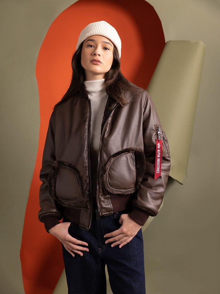 WOMEN'S REVERSIBLE FAUX LEATHER MA-1 BOMBER JACKET - CHOCOLATE / S Product Image