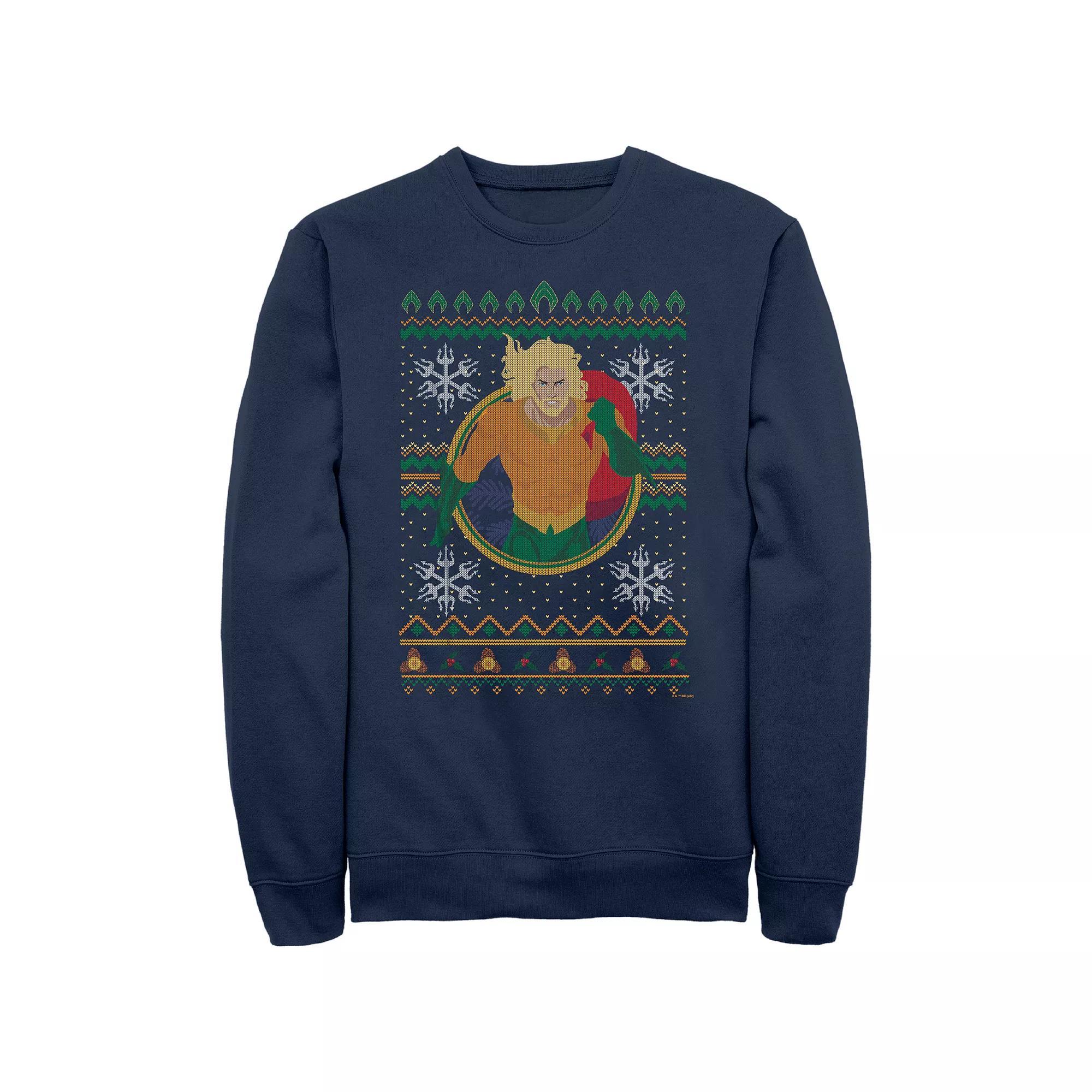 Mens Aquaman Christmas Sweater Graphic Fleece Blue Product Image