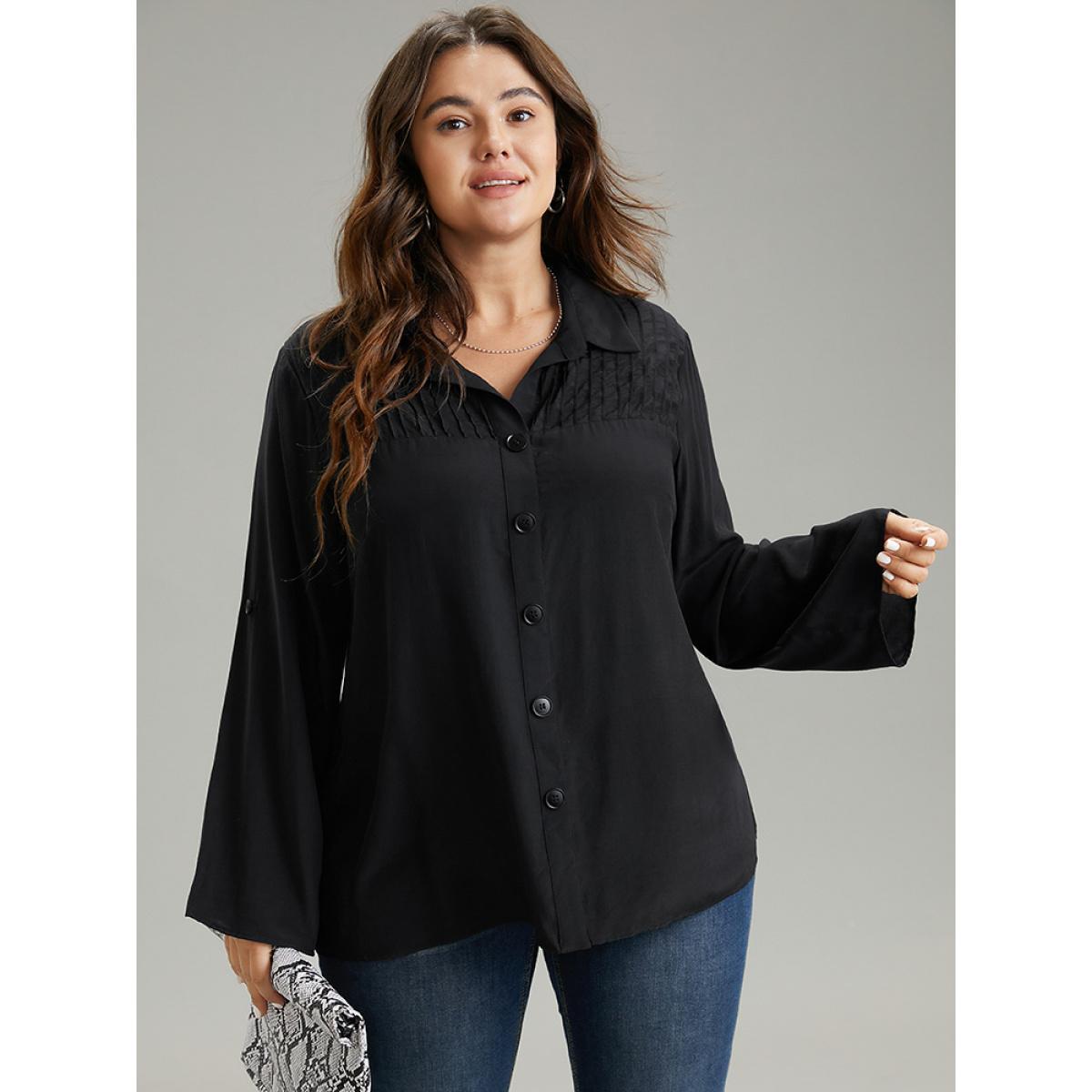 Plus Size Black Solid Button Through Roll Tab Sleeve Blouse Women Office Long Sleeve Shirt collar Work Blouses BloomChic 10/M Product Image