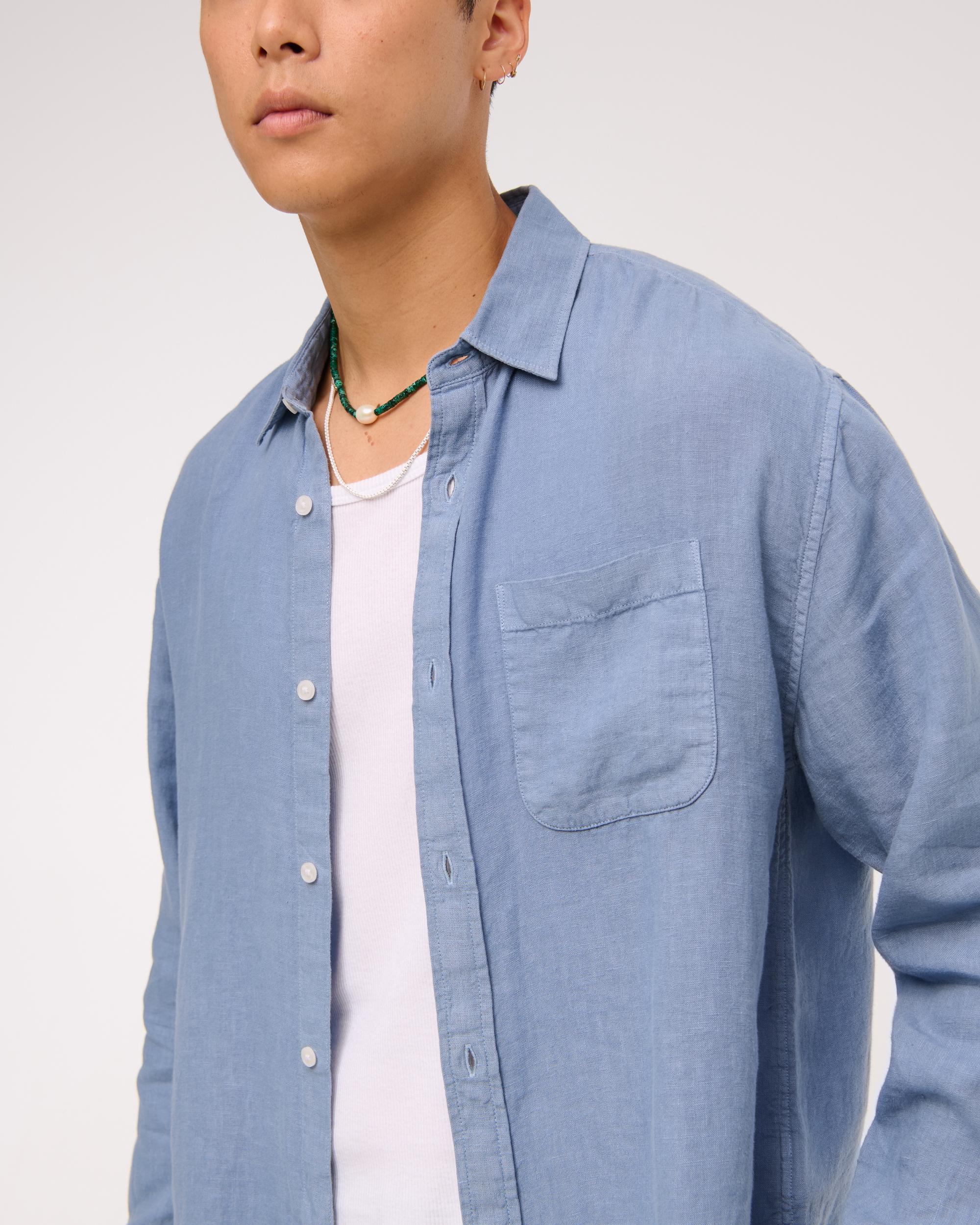 Cropped Linen Button-Up Shirt Product Image