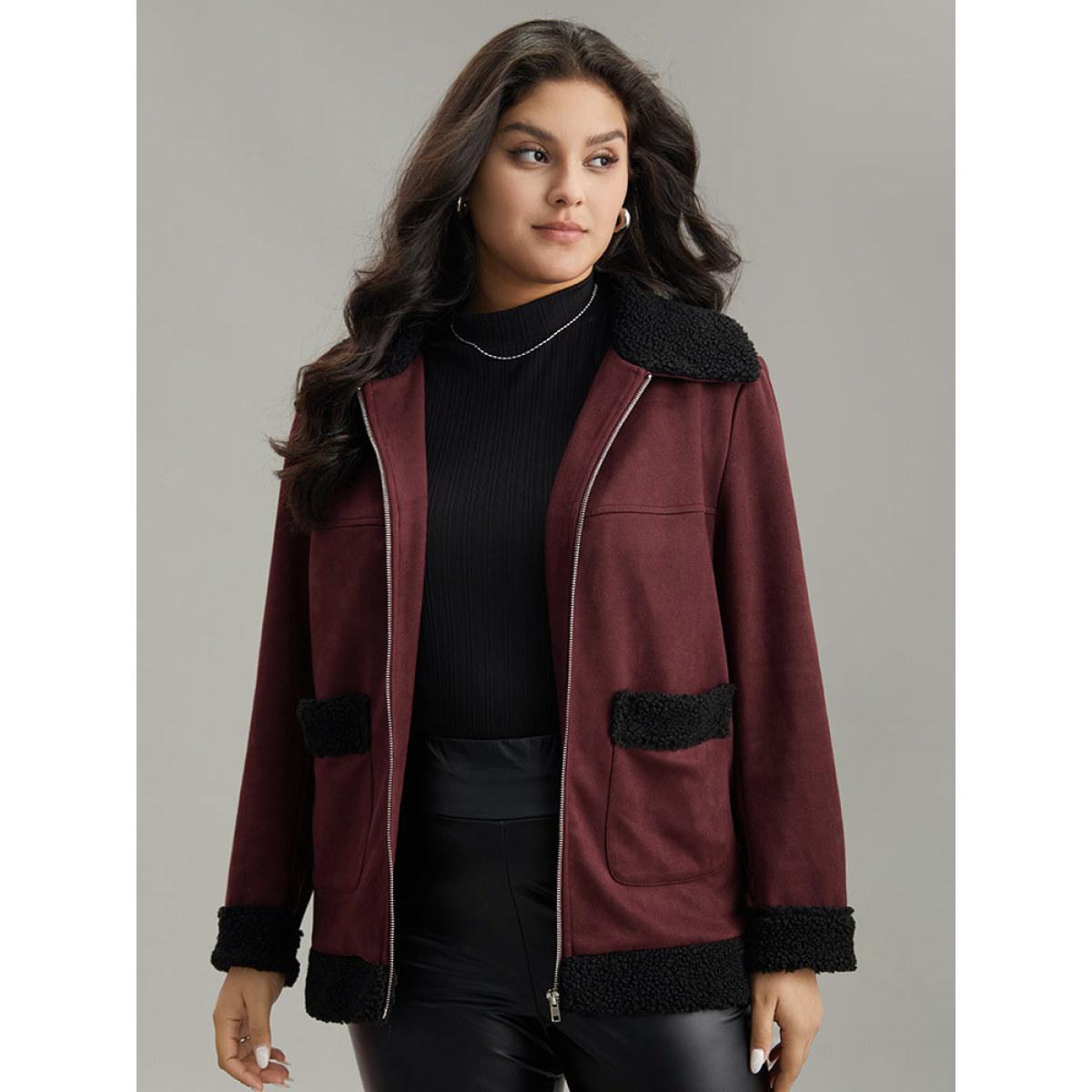 Plus Size Fuzzy Trim Patched Pocket Zipper Jacket Women Burgundy Contrast Pocket Dailywear Jackets BloomChic 22-24/3X Product Image