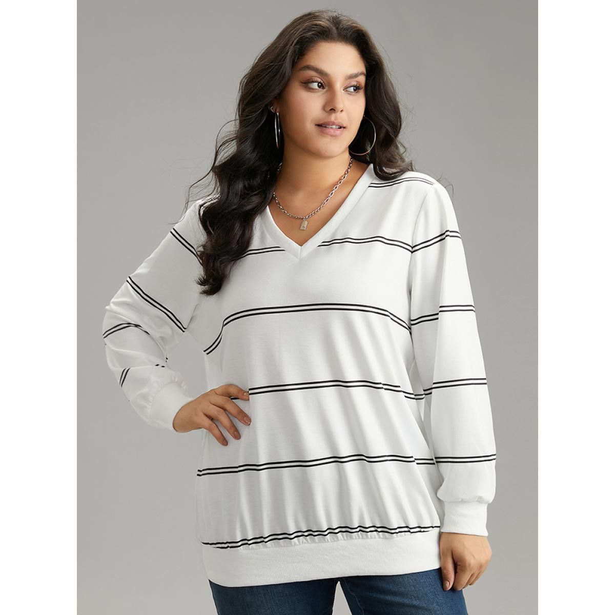 Plus Size Rib Knit Striped V Neck Sweatshirt Women White Casual Rib Knit V-neck Dailywear Sweatshirts BloomChic 22-24/3X Product Image