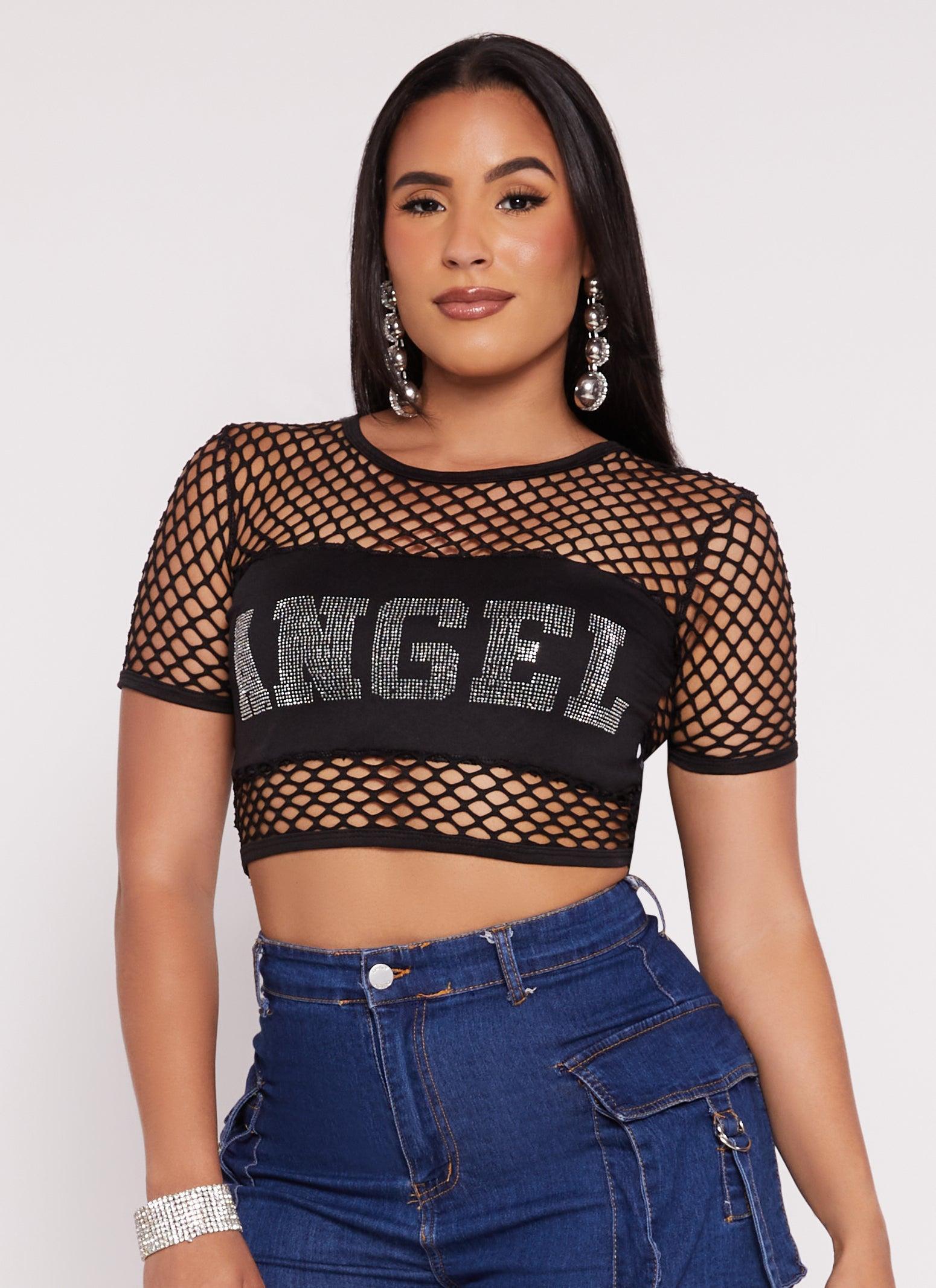 Womens Angel Rhinestone Fishnet Crop Top Product Image