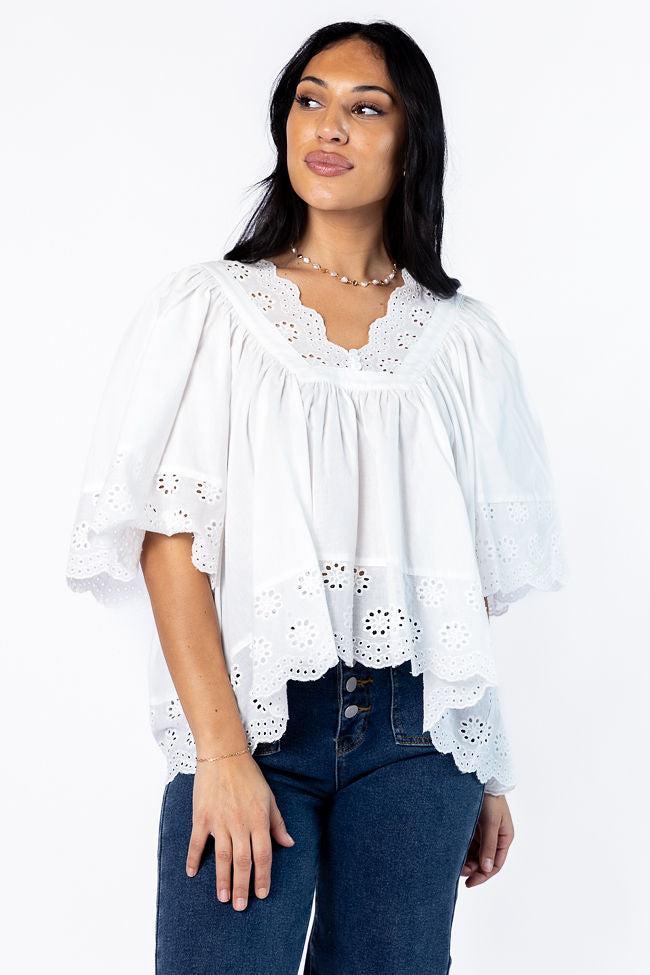 No Regrets Ivory Eyelet Detail Popover Short Sleeve Blouse SALE Product Image