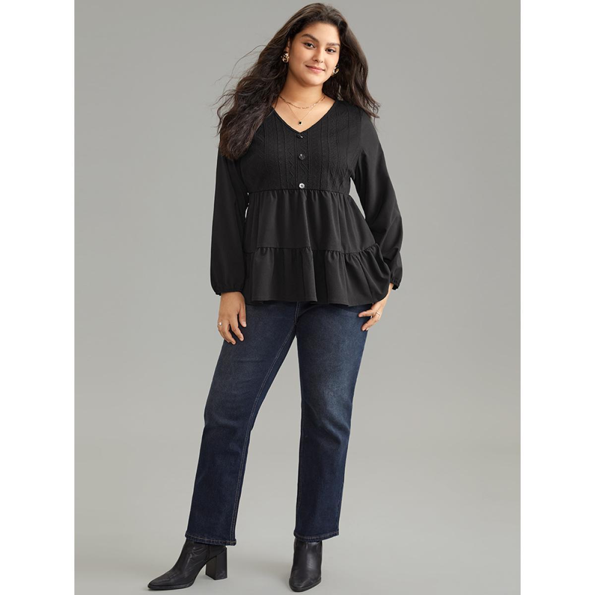 Plus Size Black Solid Textured Button Detail Ruffle Layered Hem Blouse Women Casual Long Sleeve V-neck Work Blouses BloomChic 10/M Product Image