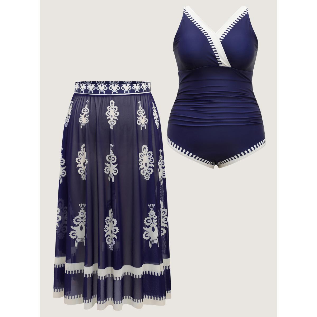 Plus Size Two-Piece Boho Print Sarong Swimsuit Women's Swimwear Indigo Beach Contrast Curve Bathing Suits High stretch One Pieces BloomChic 26/4X Product Image