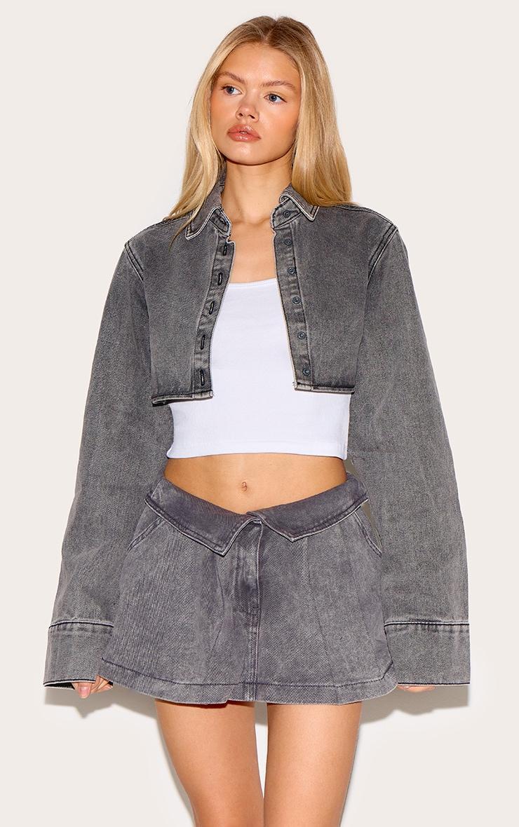 Washed Grey Foldover Waistband Denim Pleated Mini Skirt Product Image