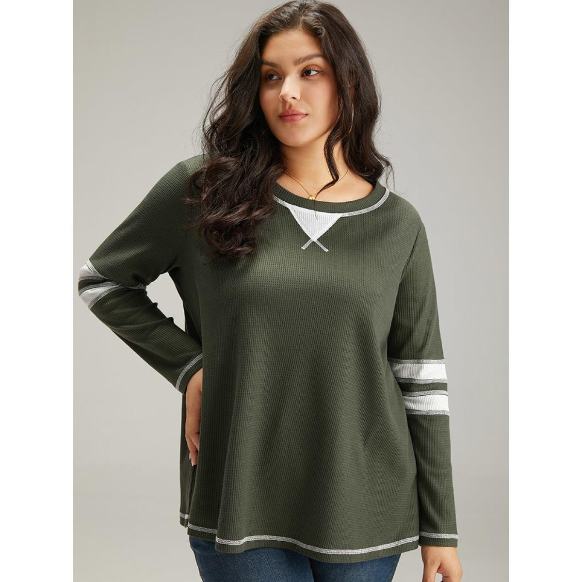 Plus Size Waffle Knit Striped Contrast Stitch T-shirt Green Women Casual Contrast Striped Round Neck Dailywear T-shirts BloomChic 22-24/3X Product Image