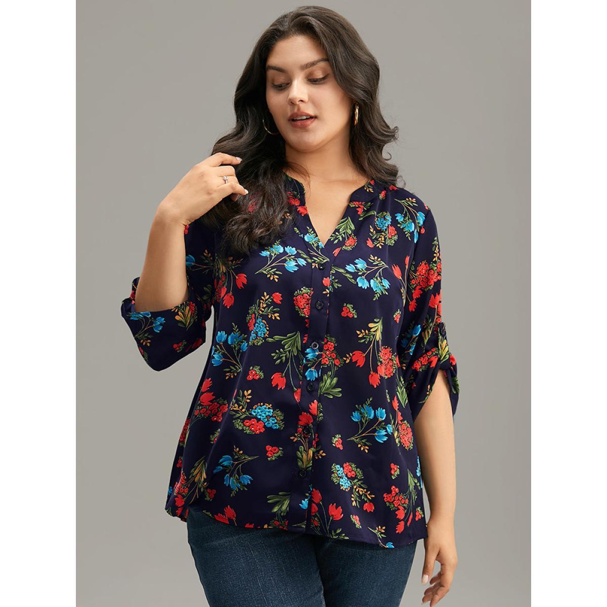 Plus Size Indigo Floral Print Notched Tab Sleeve Blouse Women Elegant Long Sleeve V-neck Dailywear Blouses BloomChic 30/6X Product Image