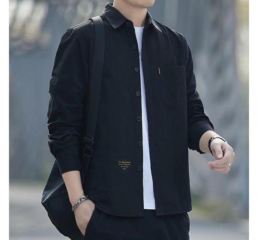 Long-Sleeve Collared Plain Shirt Product Image