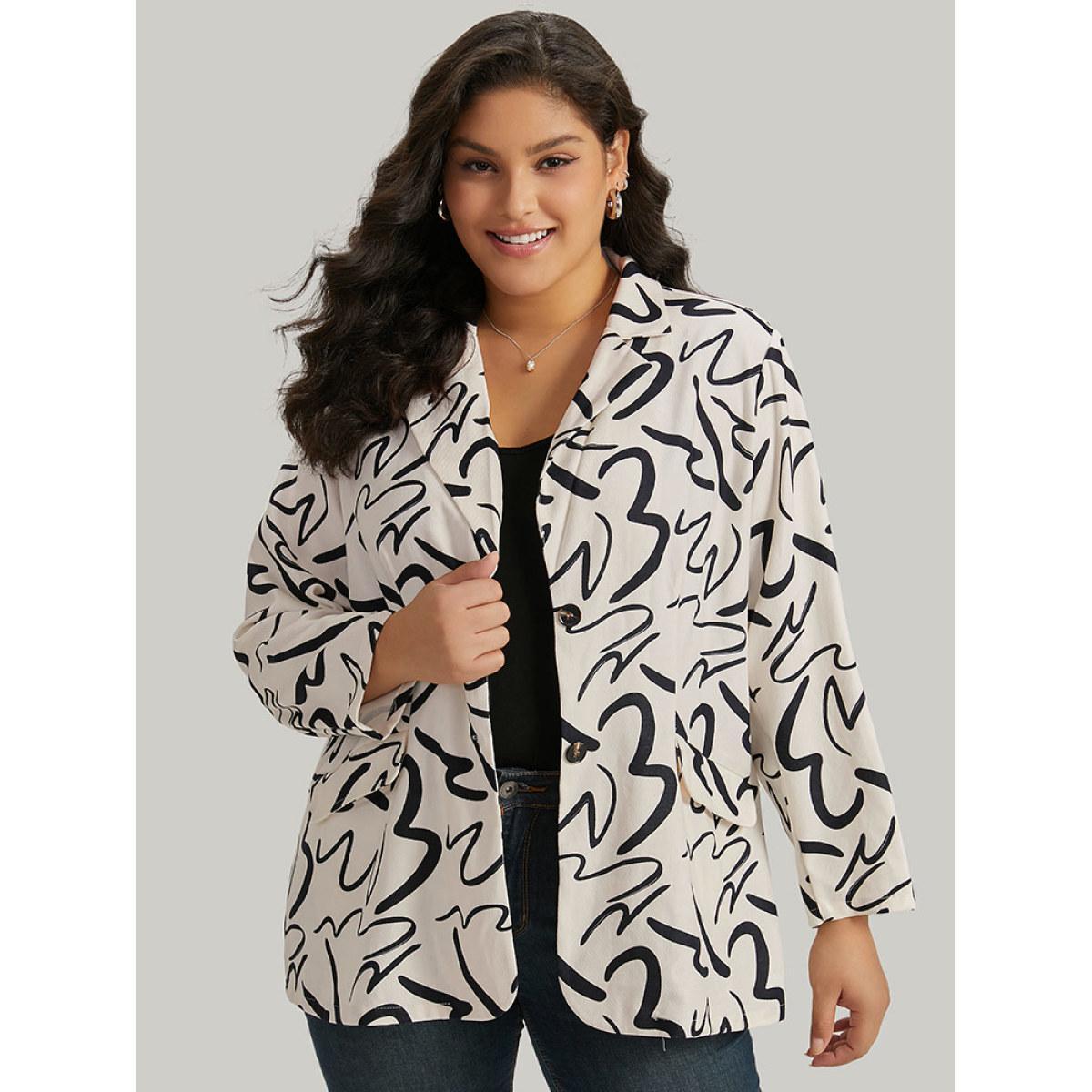 Plus Size Line Print Suit Collar Pocket Button Through Blazer Ivory Women Dailywear Geometric Button Sleeve Long Sleeve Suit Collar 12/L Pocket Office Blazers BloomChic Product Image