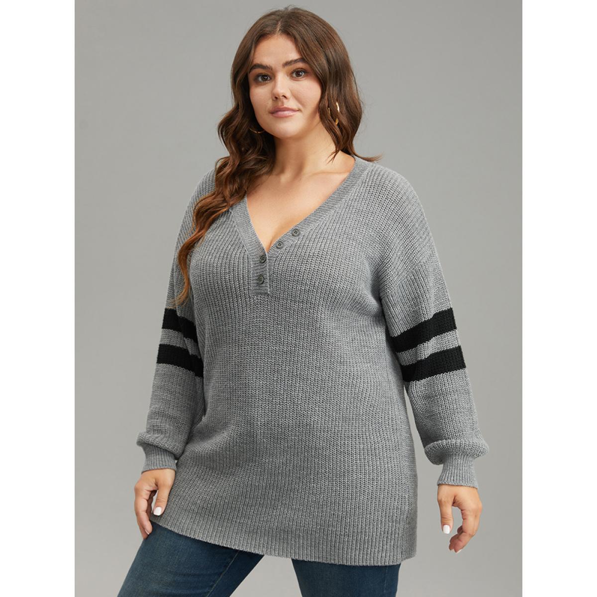Plus Size Anti-Pilling Striped Button Detail Pullover DarkGray Women Casual Long Sleeve V-neck Dailywear Pullovers BloomChic 18-20/2X Product Image