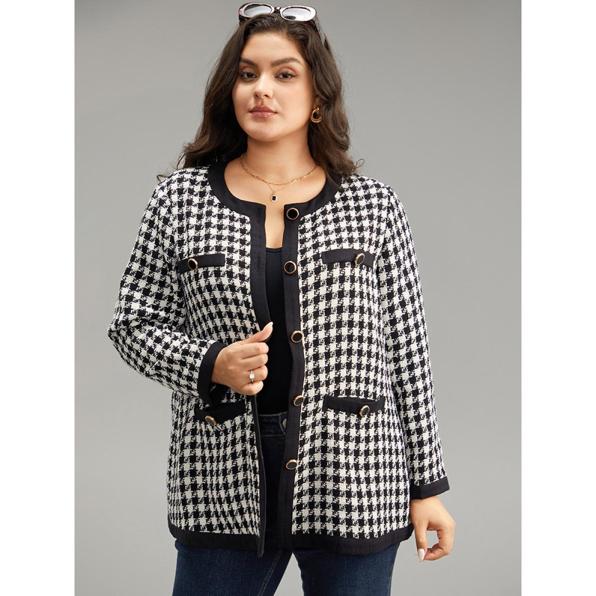Plus Size Twill Houndstooth Button Detail Pocket Coat Women Black Elegant Texture Ladies Everyday Winter Coats BloomChic 10/M Product Image