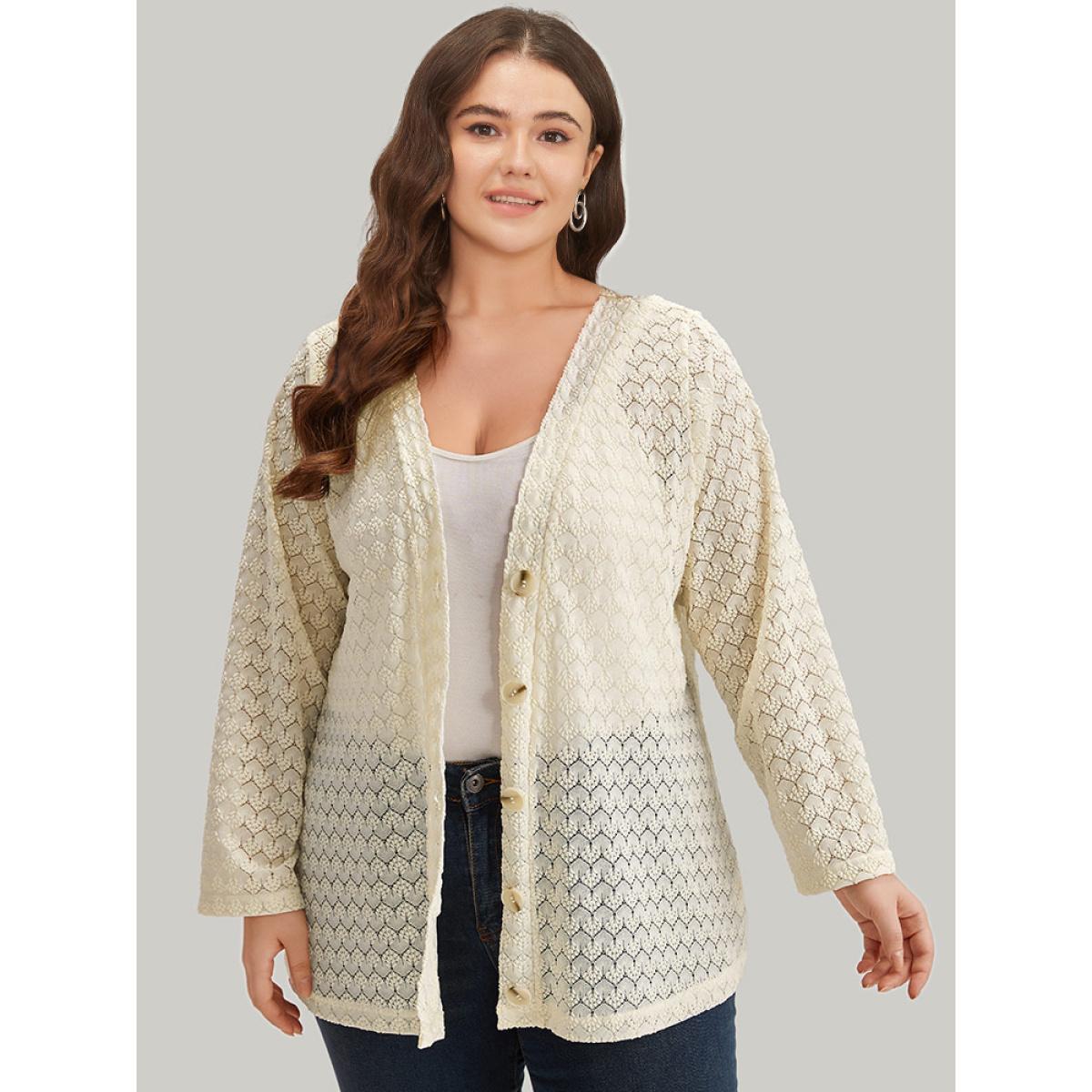Plus Size Geometric Lace Hollow Out Button Through Jacket Women Beige Casual Plain Ladies Dailywear Winter Coats BloomChic 28/5X Product Image