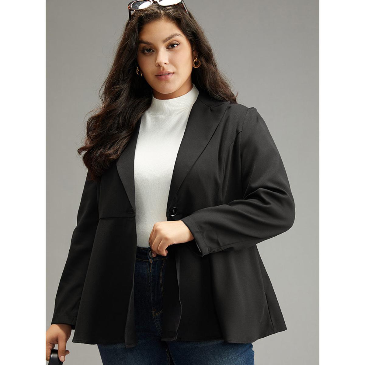 Plus Size Plain Button Up Ruffles Blazer Black Women Work Plain Plain Sleeve Long Sleeve Suit Collar 26/4X Office Blazers BloomChic Product Image