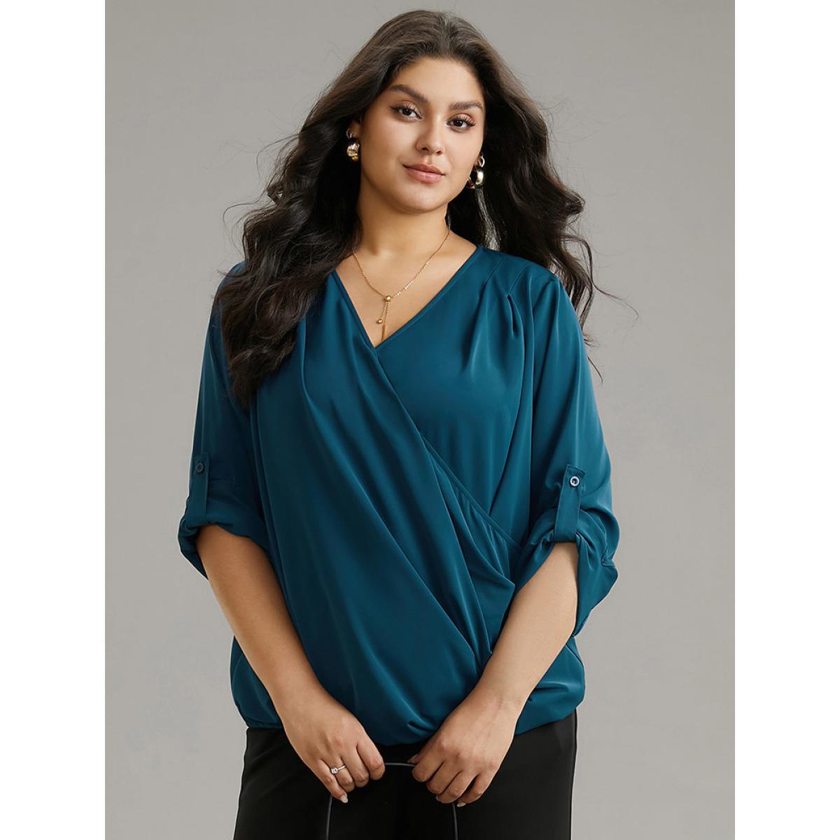 Plus Size Indigo Solid Crossover Roll Tab Sleeve Blouse Women Office Long Sleeve Overlap Collar Work Blouses BloomChic 22-24/3X Product Image