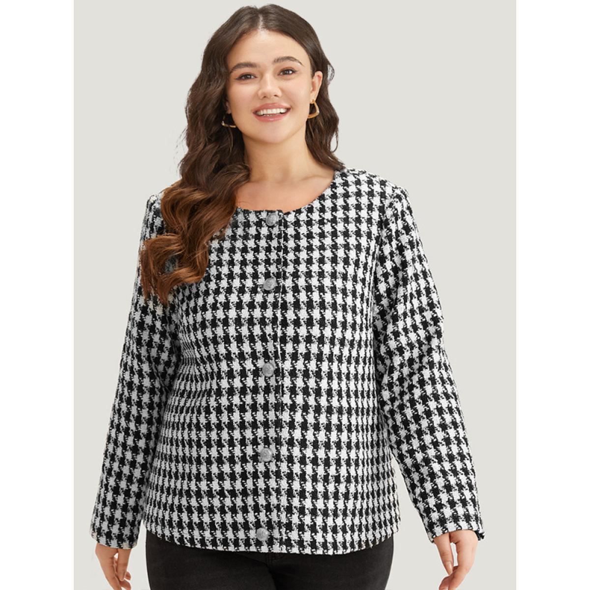 Plus Size Houndstooth Button Through Blazer Women Black Casual Texture Ladies Dailywear Winter Coats BloomChic 22-24/3X Product Image