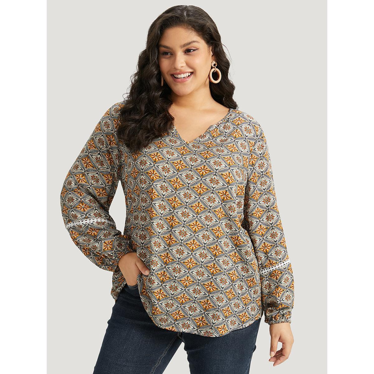 Plus Size Bronze Boho Print Notched Contrast Lace Blouse Women Vacation Long Sleeve Notched collar Dailywear Blouses BloomChic 22-24/3X Product Image