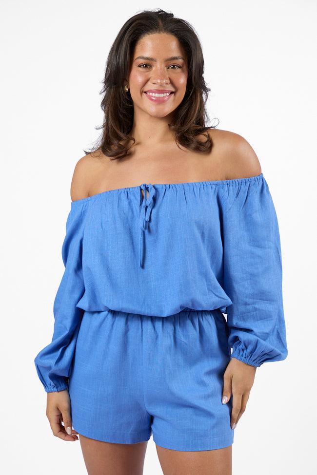 Deep Dive Blue Off The Shoulder Shorts Set SALE Product Image
