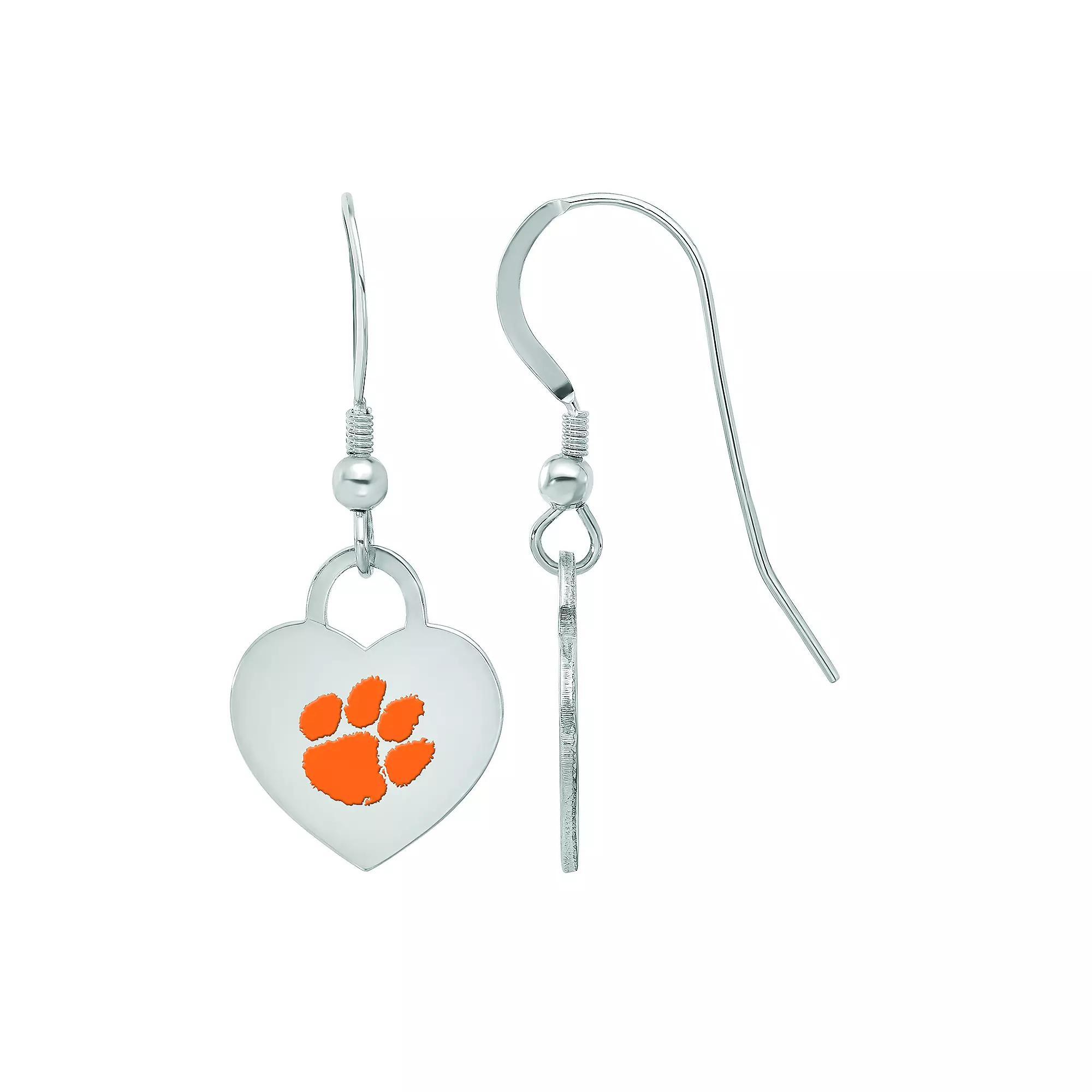 LogoArt Sterling Silver Clemson Enamel Heart Drop Earrings, Women's Product Image