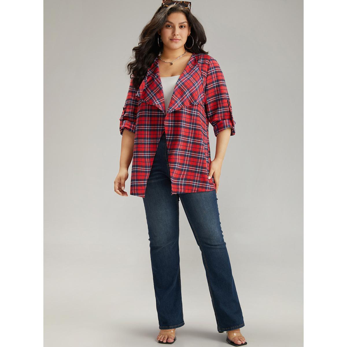 Plus Size Plaid Asymmetrical Hem Tab Sleeve Jacket Women Scarlet Button Dailywear Jackets BloomChic 10/M Product Image