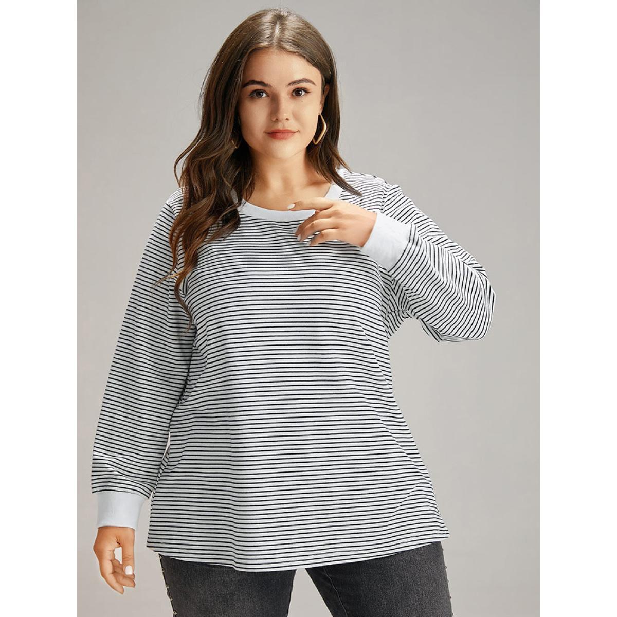 Plus Size Cotton Striped Striped Sweatshirt Women Indigo Casual Elastic cuffs Round Neck Everyday Sweatshirts BloomChic 12/L Product Image