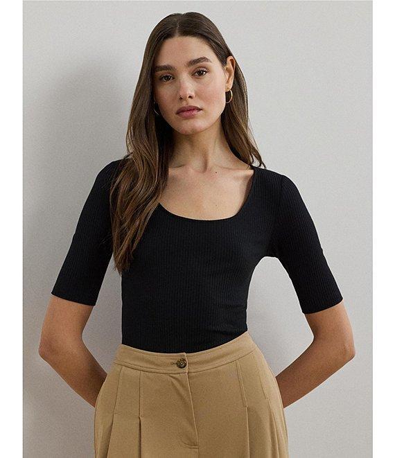 Lauren Ralph Lauren Rib-Knit Cotton Blend Scoop Neck Elbow Sleeve Fitted Tee Product Image