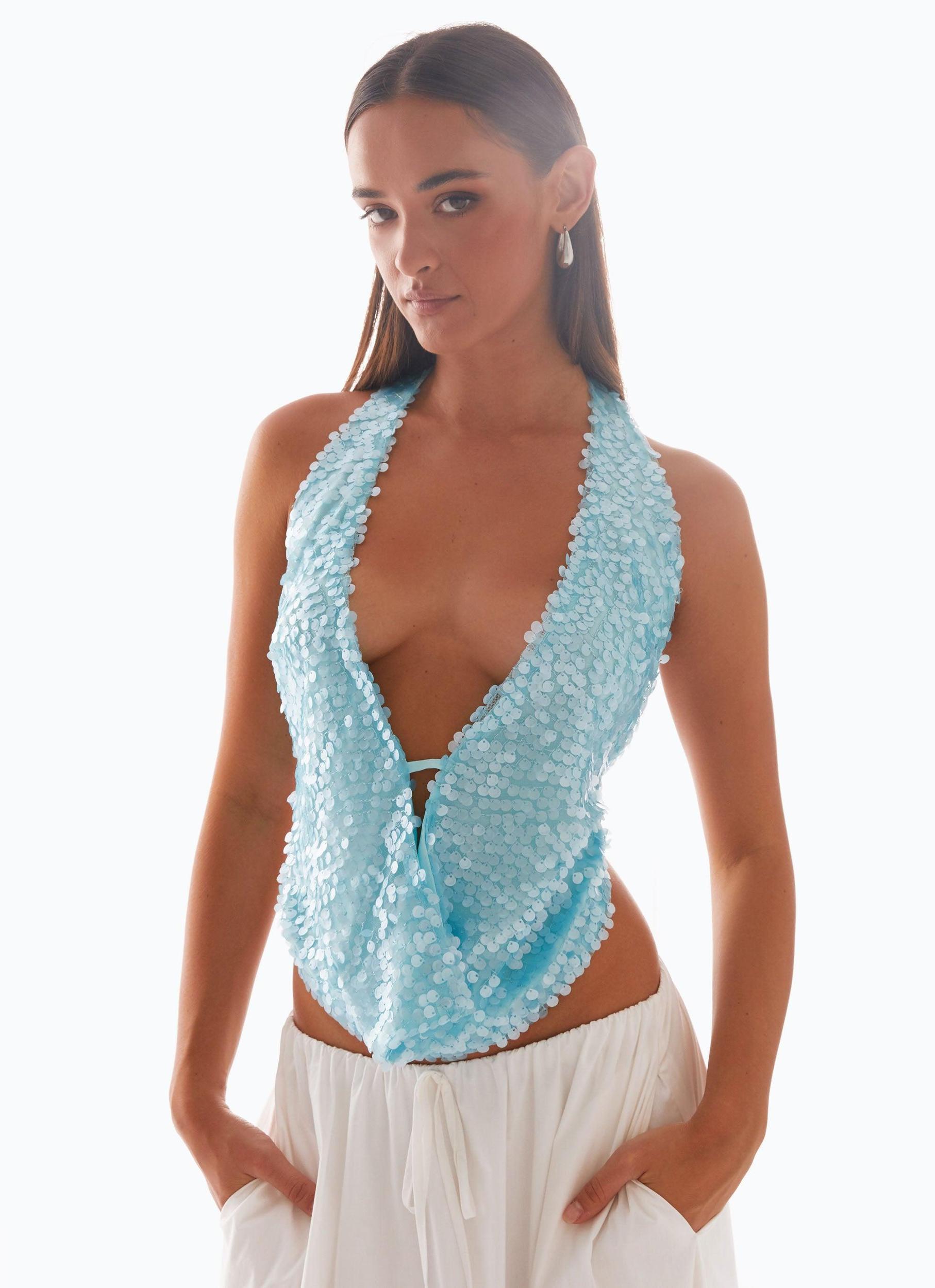 Rio Dreams Cowl Neck Halter Top - Turqoise Product Image
