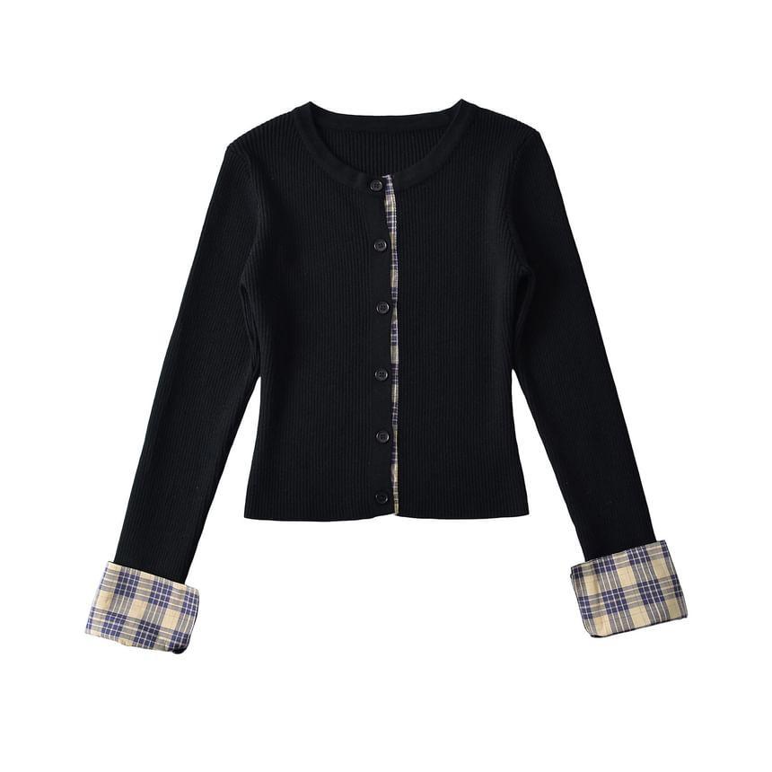 Mock Two-Piece Long-Sleeve Crew Neck Plaid Panel Button Ribbed Knit Top Product Image
