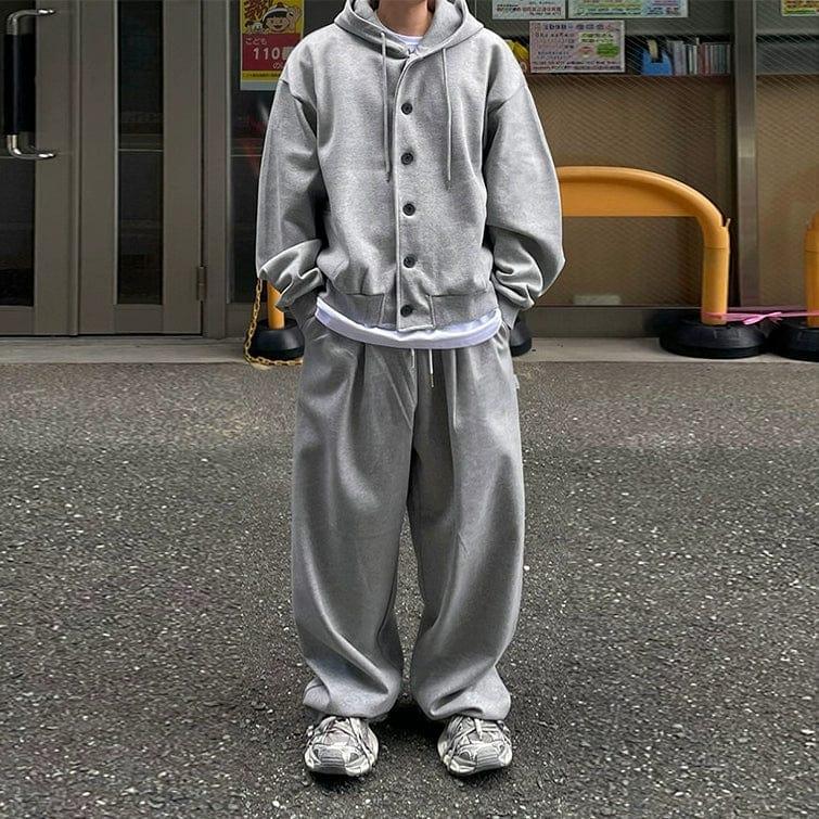 RT No. 11079 GRAY BUTTON-UP HOODIE & WIDE SWEATPANTS Product Image