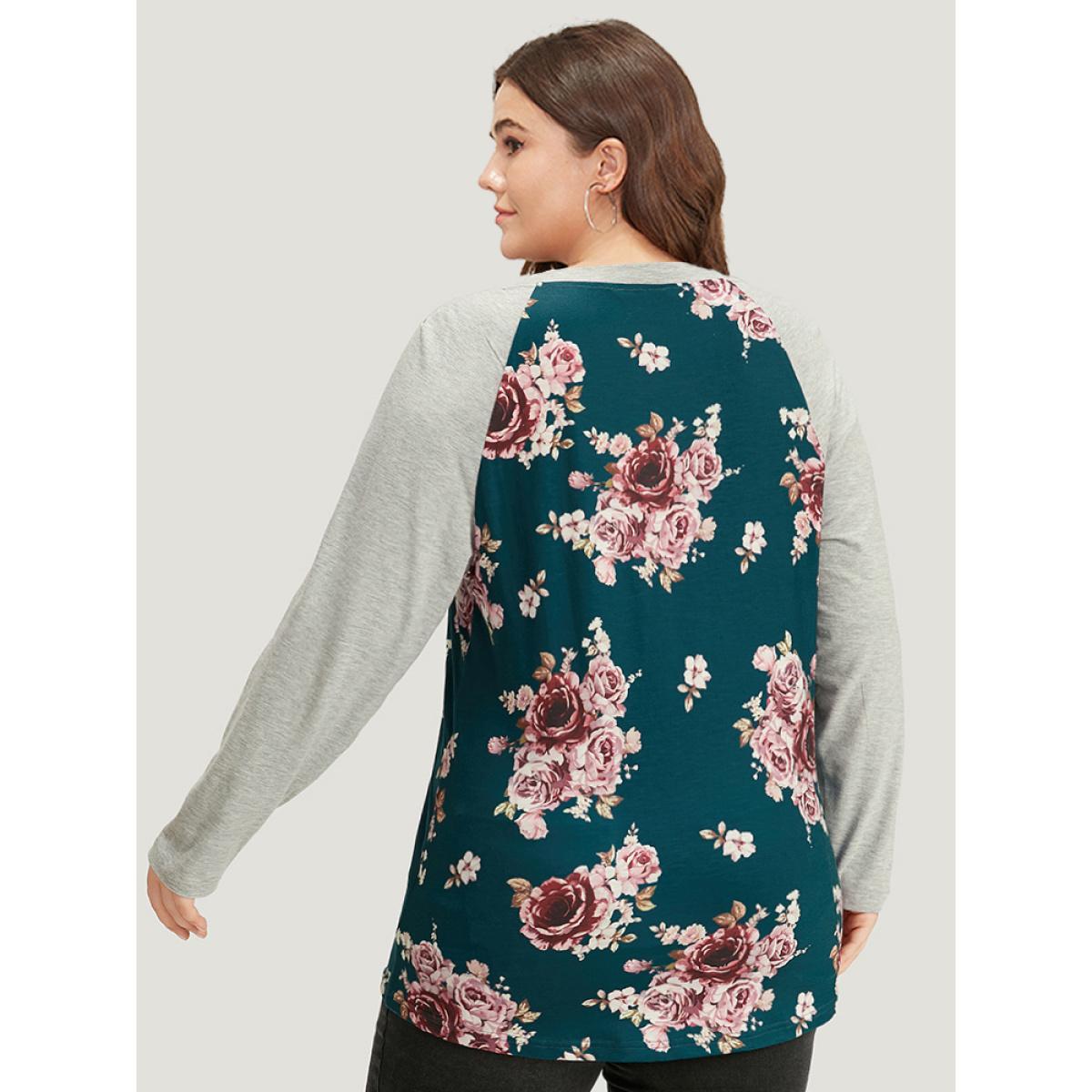 Plus Size Floral Contrast Raglan Sleeve T-shirt Cyan Women Casual Printed Floral Round Neck Everyday T-shirts BloomChic 10/M Product Image