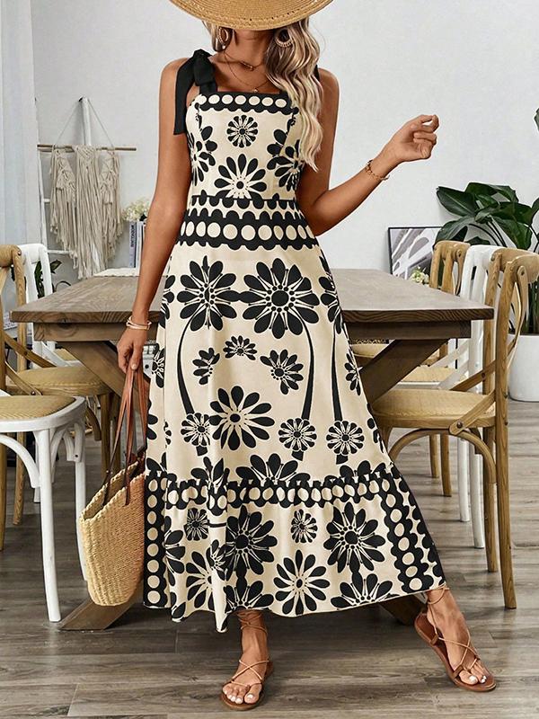 A-Line Loose Elasticity Flower Print Pleated Tied Spaghetti-Neck Midi Dresses Product Image