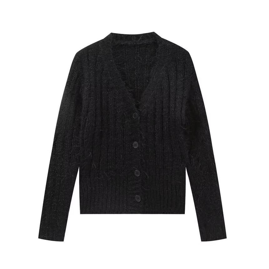 V-Neck Plain Ribbed Cardigan Product Image